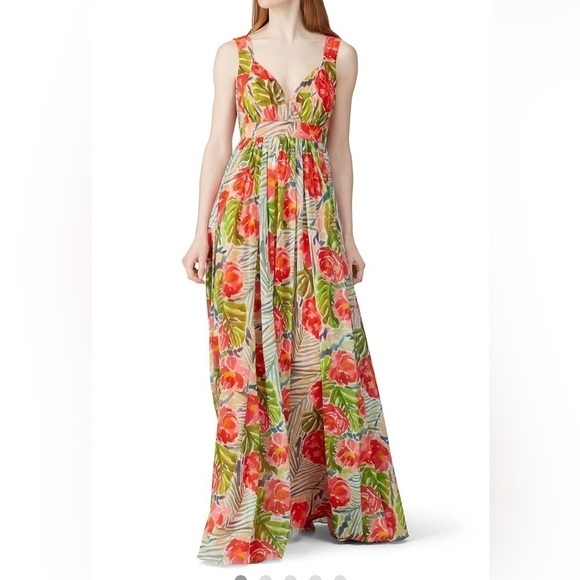 Badgley Mischka Green Floral maxi dress size 0-2 15” PTP - Picture 1 of 9